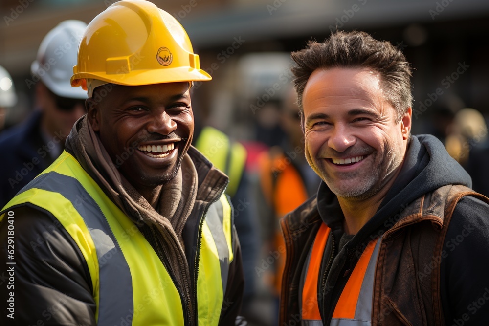 Obraz premium two construction workers happily working together on a large infrastructure site