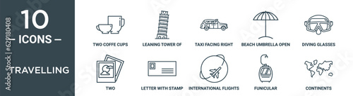travelling outline icon set includes thin line two coffe cups, leaning tower of pisa, taxi facing right, beach umbrella open, diving glasses, two, letter with stamp icons for report, presentation,