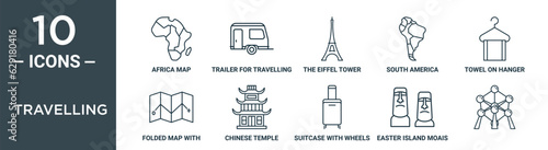 travelling outline icon set includes thin line africa map, trailer for travelling, the eiffel tower, south america, towel on hanger, folded map with two points, chinese temple icons for report,
