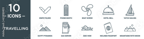 travelling outline icon set includes thin line knife folded, phone booth, boat screw, hotel bell, yatch sailing, egypt pyramids, gas server icons for report, presentation, diagram, web design