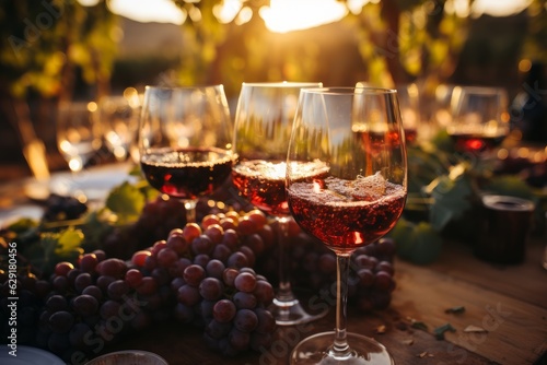 romantic intimate moment at sunset with glasses of wine in a vineyard