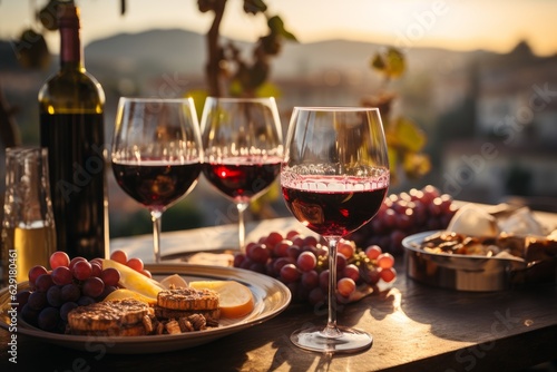Fotografia romantic intimate moment at sunset with glasses of wine in a vineyard