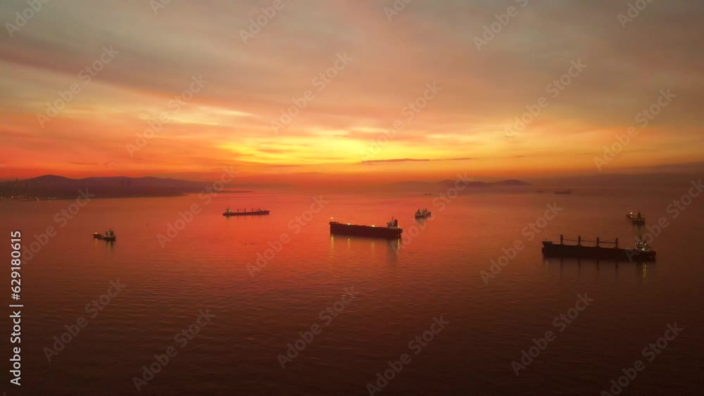 aerial view of cargo ships before sunrise in sea of marmara aerial view of cargo ships before sunrise in sea of marmara