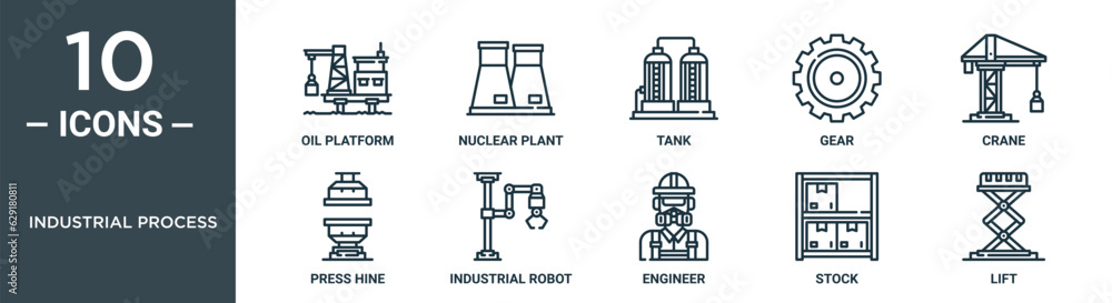 industrial process outline icon set includes thin line oil platform, nuclear plant, tank, gear, crane, press hine, industrial robot icons for report, presentation, diagram, web design industrial process outline icon set includes thin line oil platform, nuclear plant, tank, gear, crane, press hine, industrial robot icons for report, presentation, diagram, web design