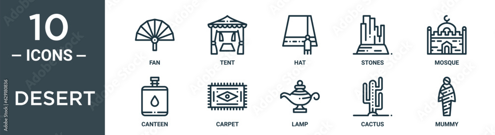 desert outline icon set includes thin line fan, tent, hat, stones, mosque, canteen, carpet icons for report, presentation, diagram, web design desert outline icon set includes thin line fan, tent, hat, stones, mosque, canteen, carpet icons for report, presentation, diagram, web design