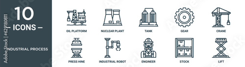 industrial process outline icon set includes thin line oil platform, nuclear plant, tank, gear, crane, press hine, industrial robot icons for report, presentation, diagram, web design