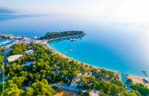 Fototapeta Naklejka Na Ścianę i Meble -  Kemer, Antalya, Turkey. Aerial view of Moonlight Beach in Kemer. Beautiful turquoise colors of Mediterranean sea. Drone shot.