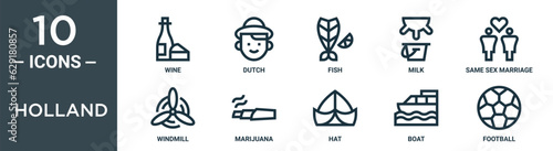 holland outline icon set includes thin line wine, dutch, fish, milk, same sex marriage, windmill, marijuana icons for report, presentation, diagram, web design