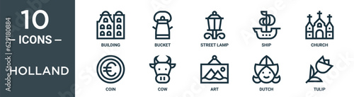 holland outline icon set includes thin line building, bucket, street lamp, ship, church, coin, cow icons for report, presentation, diagram, web design