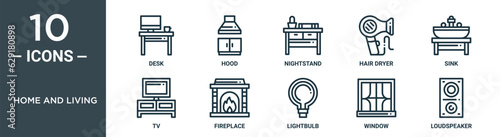 home and living outline icon set includes thin line desk, hood, nightstand, hair dryer, sink, tv, fireplace icons for report, presentation, diagram, web design