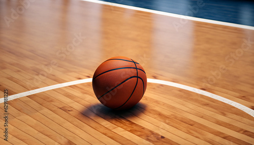 A basketball on a hardwood basketball court.