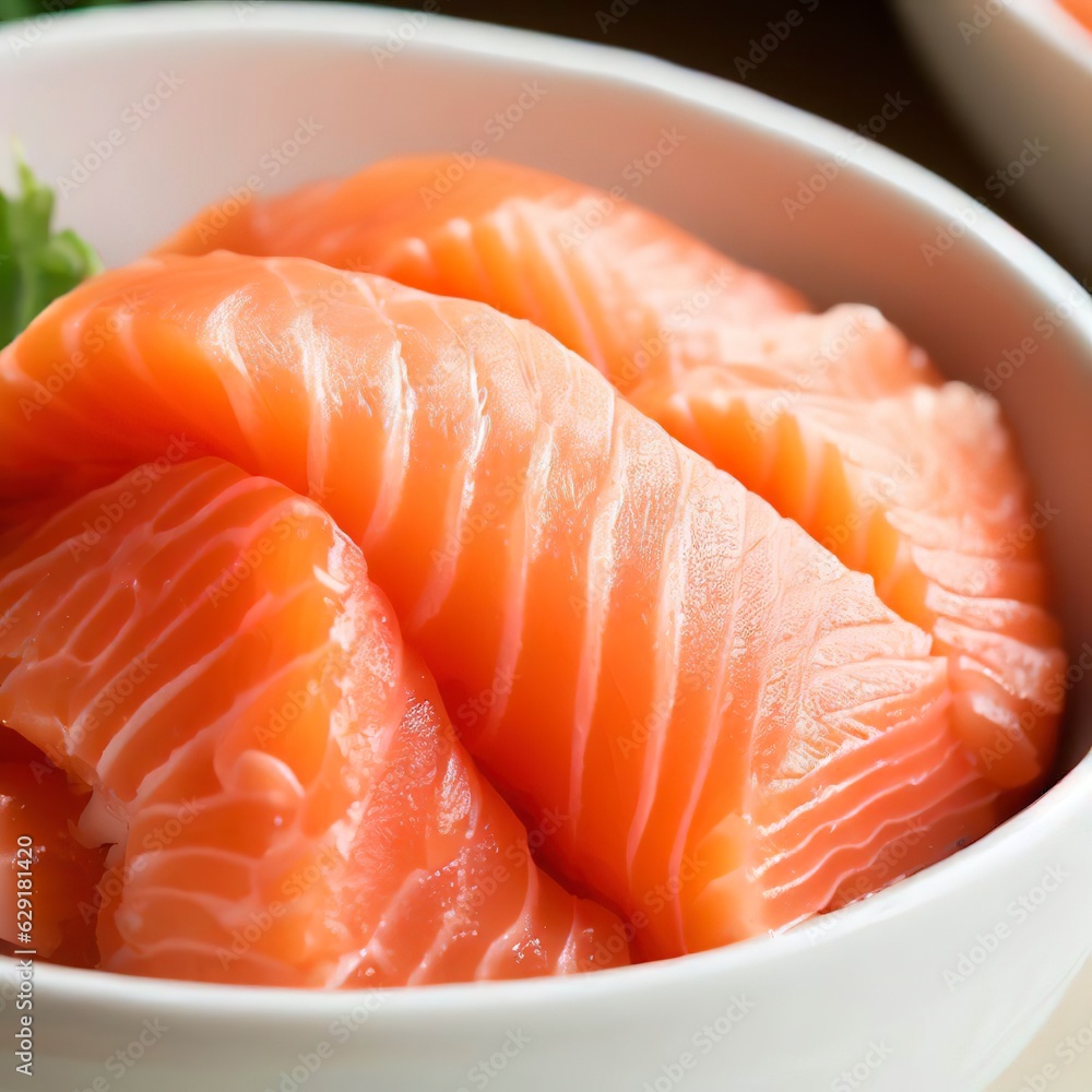 salmon sashimi put into white bowlsalmon sashimi put into white bowl