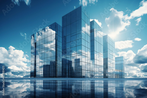 Reflective Skyscrapers  High-Rise Business Office Buildings with Captivating Blue Sky and White Cloud Reflections