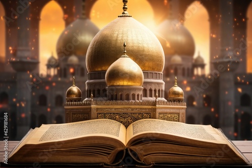 Fotomurale Opened book of the Koran with golden domes of a mosque