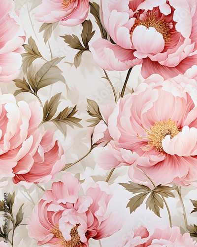 Watercolor hand drawn seamless pattern of pink peonies created with Generative AI technology