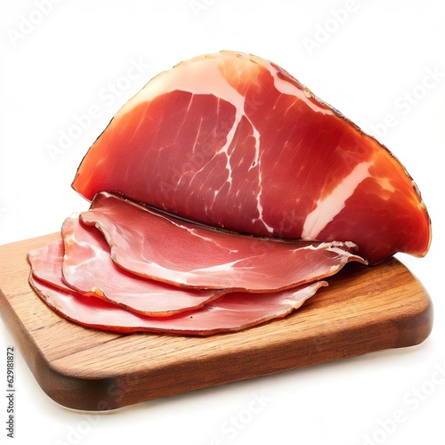 Spanish serrano ham on cutting board isolated on white background photo