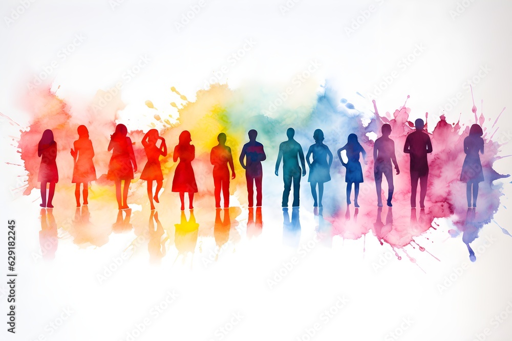Crowd of people silhouette watercolor illustration created with Generative AI technology 
