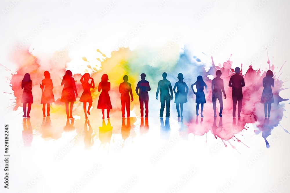 Crowd of people silhouette watercolor illustration created with Generative AI technology 
