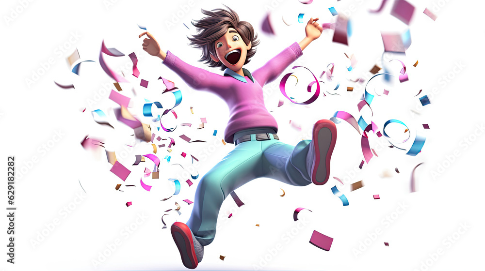 3D cartoon render of a man with confetti, on white background 3D cartoon render of a man with confetti, on white background