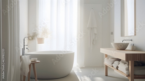 Rendering of a Bathroom with the use of wooden accents, soft textiles, and minimalist elements creating a serene and calming atmosphere, Generative AI