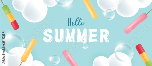 Summer banner with ice pop, cloud and bubble on blue background. Vector illustration for banner, poster, flyer, sale, invitation, discount.
