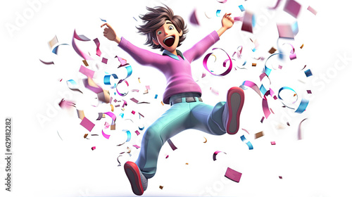 3D cartoon render of a man with confetti, on white background