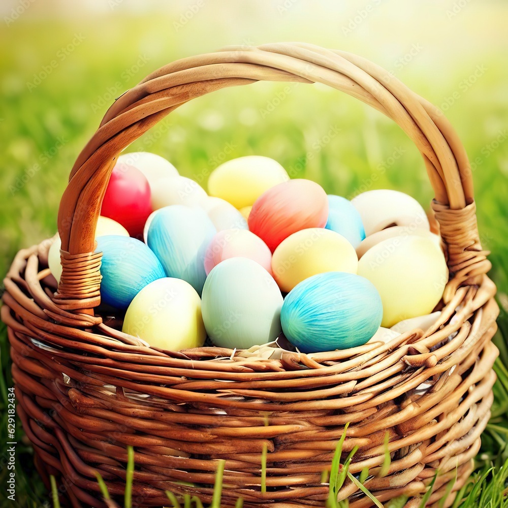 wicker basket full of easter eggs on the grass