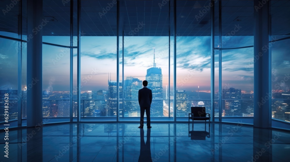 Businessman at office room in windows of skyscrape. Generative AI