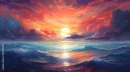 Sunset over the sea panorama . AI Generative