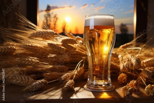 Beer Ingredients: Barley near the beer glass.