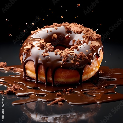 Donut with melted chocolate isolated on dark background created with Generative AI technology