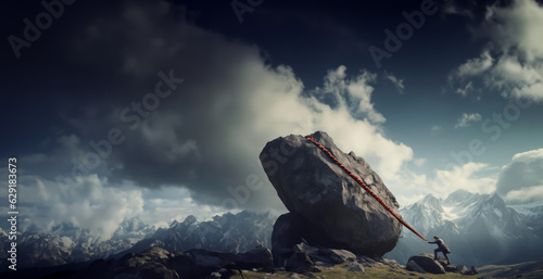 A businessman trying to pull over a boulder. Symbolises a pointless or unproductive task which sounds impressive, wasting time and energy. 