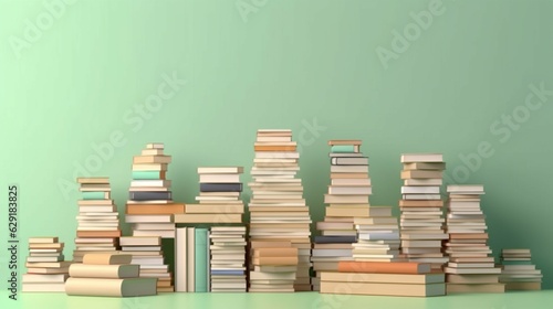 Many books on a wooden table and a pastel green backgr.Generative AI.