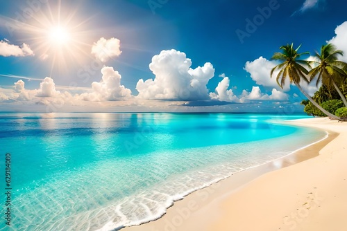 Beautiful tropical beach with white sand, turquoise ocean on background blue sky with clouds on sunny summer day. Palm tree leaned over water