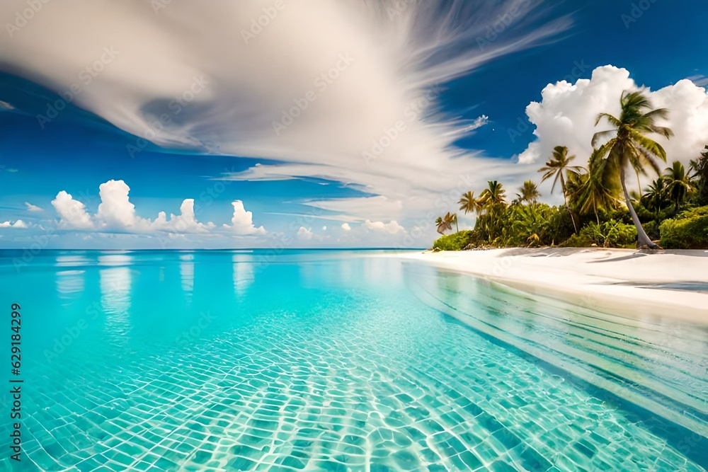 Obraz premium Beautiful tropical beach with white sand, turquoise ocean on background blue sky with clouds on sunny summer day. Palm tree leaned over water