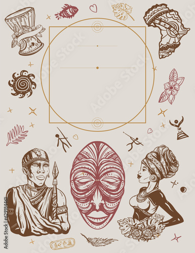 Africa retro background. Old paper vector. Ethnic afro girl and black tribe man.Tradition, people and culture template. African woman in traditional turban art, tribal mask