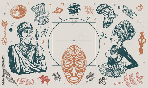 Africa background. Tradition, people and culture template. African woman in traditional turban art, tribal mask. Old paper retro vector. Ethnic afro girl and black tribe man