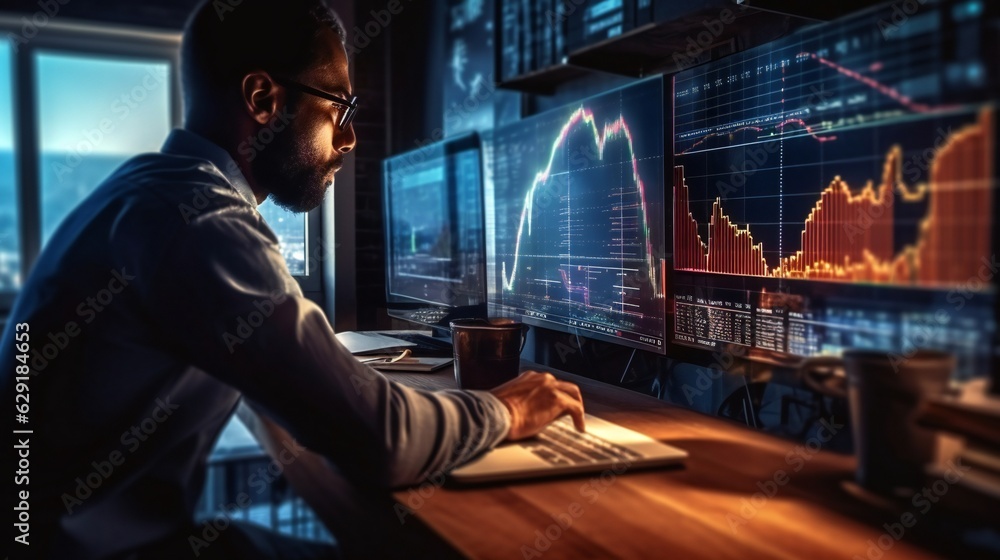 A solitary trader studies stock market graphs on expansive multi monitor workstations, employing mobile app analytics for cryptocurrency and investment growth chart analysis. AI Generative. - obrazy, fototapety, plakaty 