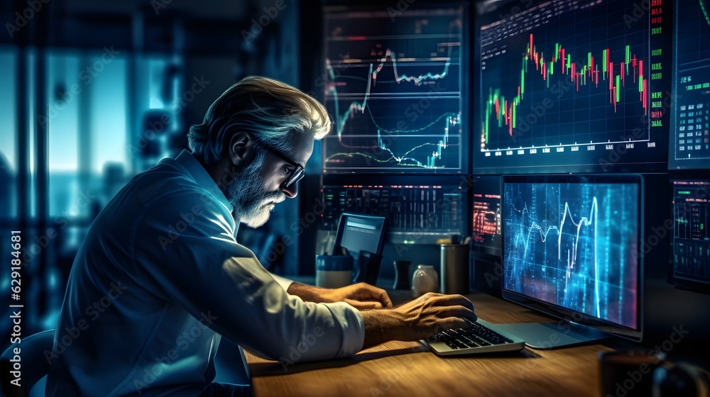 A solitary trader studies stock market graphs on expansive multi monitor workstations, employing mobile app analytics for cryptocurrency and investment growth chart analysis. AI Generative.