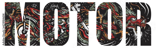Motor slogan. Tattoo retro restyle. Vector graphics. Double exposure art. Bearded biker man, burning motorcycle, rider sport woman. Bikers lifestyle. Typography art. Pin up girl, spark plug, moto bike