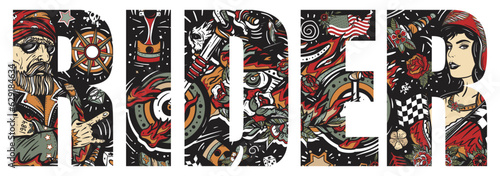 Rider slogan. Bikers lifestyle. Typography art. Vector retro graphics. Bearded biker man, burning motorcycle, rider sport woman.Pin up girl, spark plug, moto bike. Double exposure lettering. Tattoo