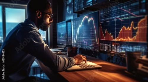 Foto A solitary trader studies stock market graphs on expansive multi monitor workstations, employing mobile app analytics for cryptocurrency and investment growth chart analysis