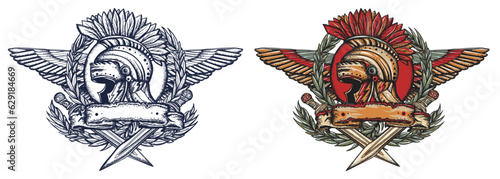 Ancient Rome tattoo collection. Gladiator art. Spartan helmet, wings, crossed swords and laurel wreath. Old Italian history. Symbol of war, courage, strength