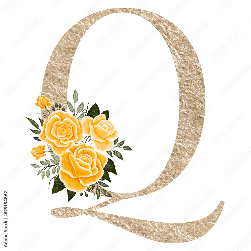 Floral alphabet, gold letter with watercolor flowers and leaf. Hand ...