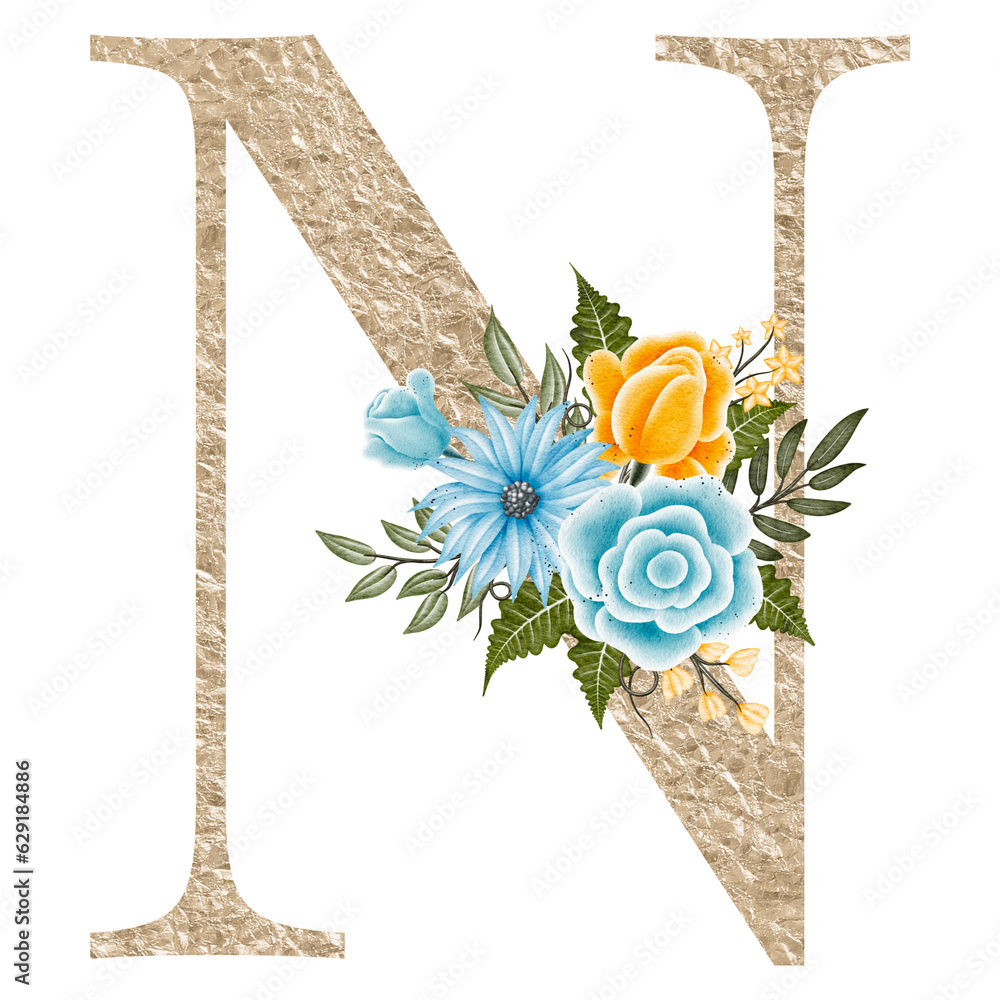Floral alphabet, gold letter with watercolor flowers and leaf. Hand ...