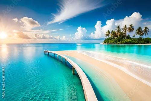Beautiful tropical beach with white sand  turquoise ocean on background blue sky with clouds on sunny summer day. Palm tree leaned over water