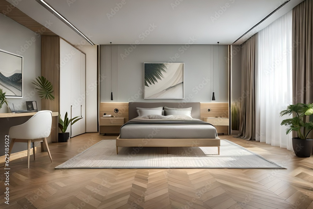 Fototapeta premium Interior of a cozy modern bedroom in light brown
