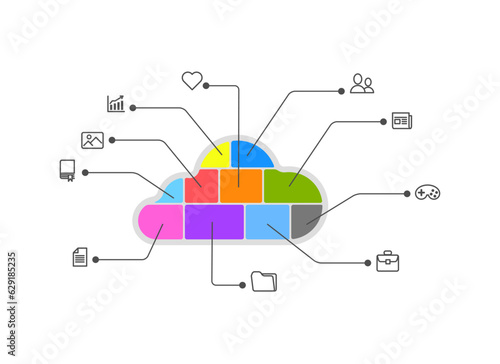 Cloud database computing infographics icons set, hosting server database network and cloud service icons infographics, clouds computing electronics connection, isolated vector illustration.