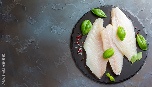 Foto Fresh raw cod fillet with basil on a stone plate, horizontal, copy space, top vi