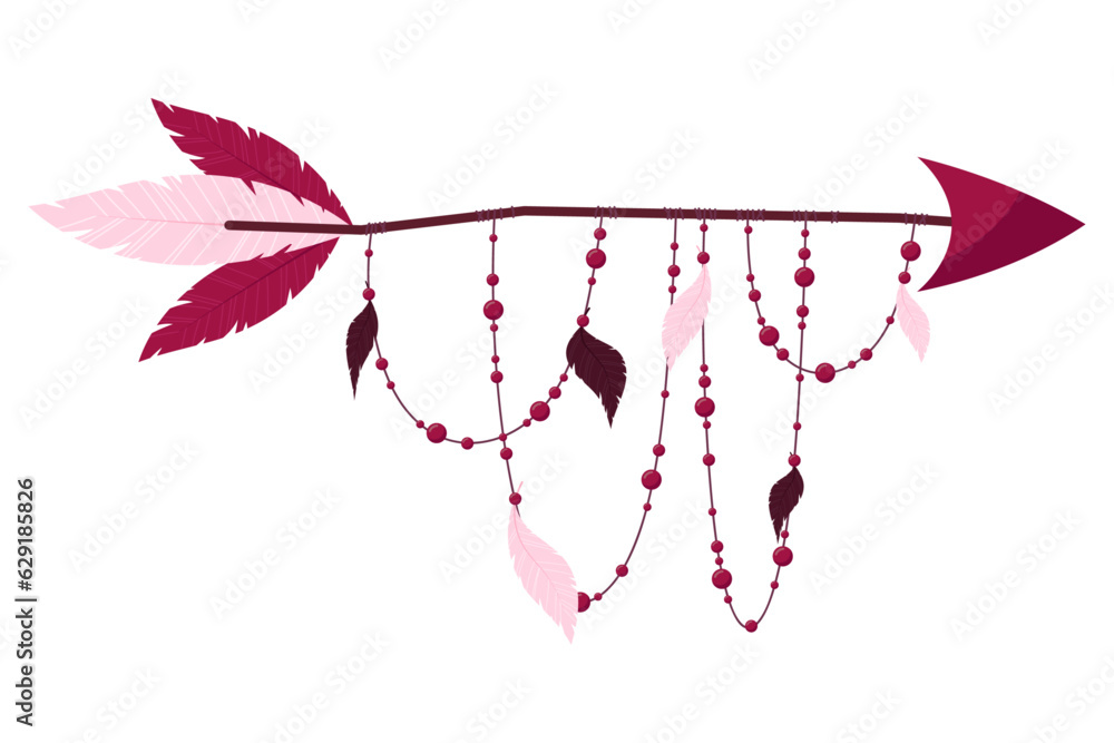 Arrow decorated with feathers and beads in boho style on a white background.